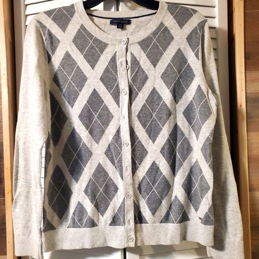 Tommy Hilfiger Grey Argyle Cardigan Sz L
